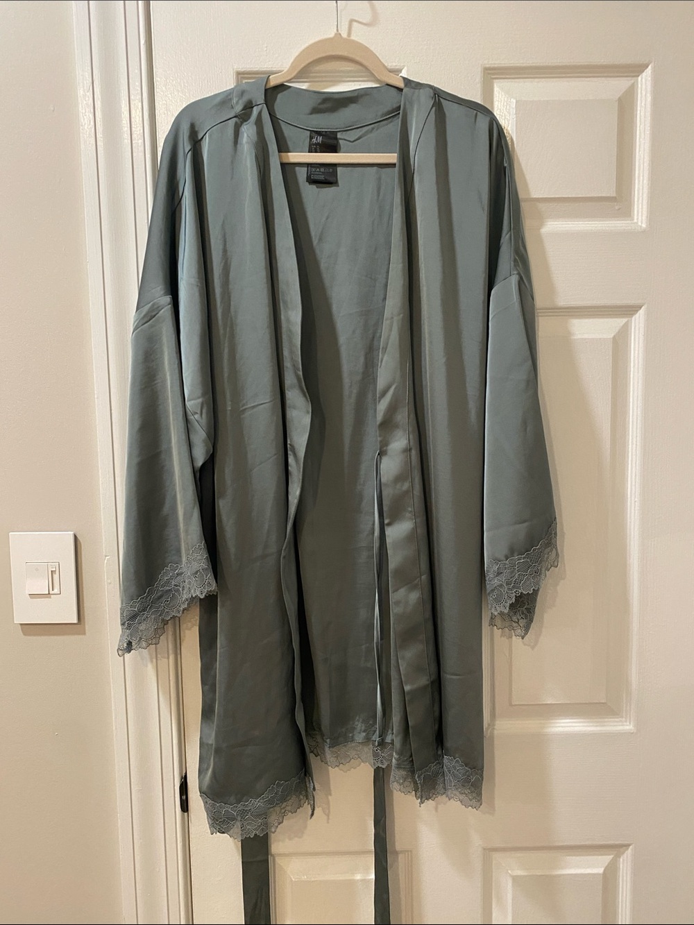 H&M Sage Green Satin Lace-Trim Robe